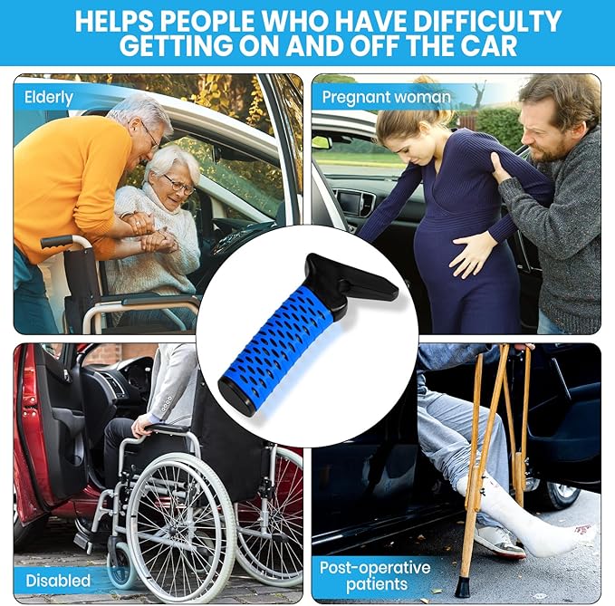 Elderly Car Door Handle Assist Support - Auto Grab Cane for Seniors & Handicapped, Portable Mobility Aids for Getting Out of Car- Blue, 2 Pack