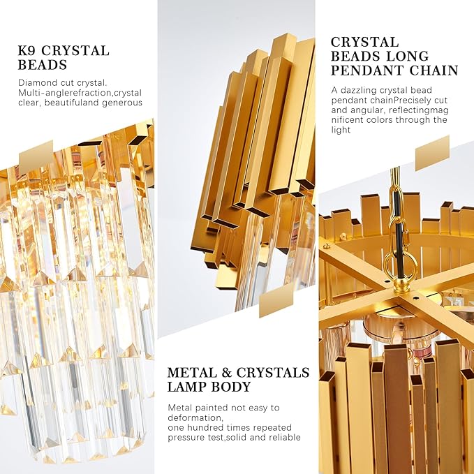 3-Tier 15.8" Crystal Gold Chandelier Modern Crystal Pendant Chandeliers 5 Lights Round Hanging Lighting for Dinning Room Kitchen Island Bedroom Living Room Foyer Entryway, E12