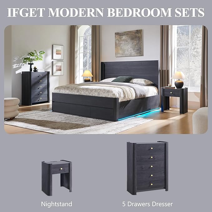 23.6" Tall Modern Nightstand Set of 2, 22" Wide Curved Bedside Table with Charging Station, Wooden Night Stand with 1 Storage Drawer, Large End Table for Bedroom, Living Room, Dark Grey
