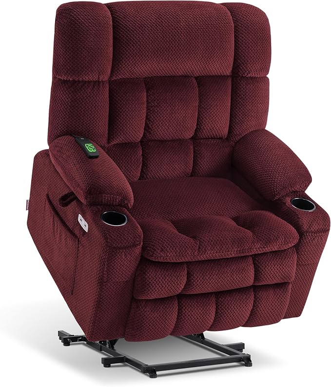 MCombo Dual Motor Power Lift Recliner Chair for Elderly, Lay Flat Lift Chair with Heat and Massage, Extra Wide Lift Recliner for Big People, Cup Holders, Fabric R7897 (Burgundy, Medium-Wide)