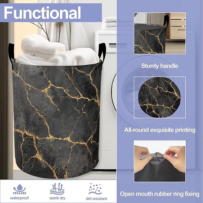 Laundry Basket,Black Gold Marble Large Canvas Fabric Lightweight Storage Hamper Organizer Dirty Clothes Collapsible Waterproof for College Dorms,Bathroom