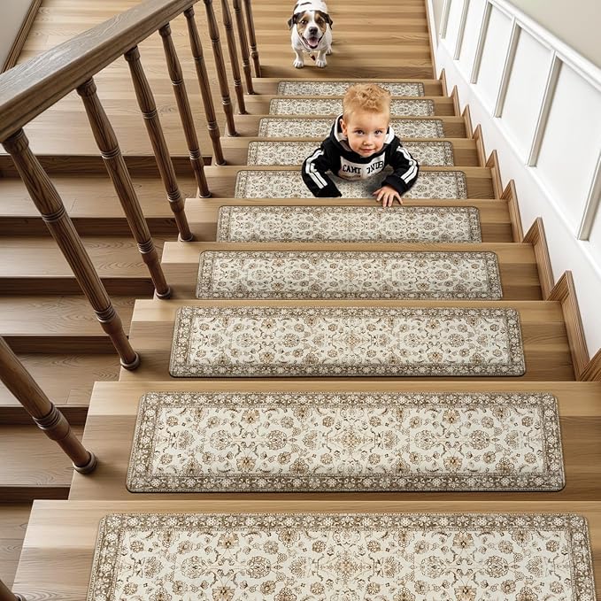 OJIA Vintage Stair Treads Non-Slip Stair Runners for Wooden Steps Indoor 15PCS 30"x8" Carpet Stair Treads Mats Staircase Step Treads for Kids, Elders and Dogs, Stair Covers, Beige