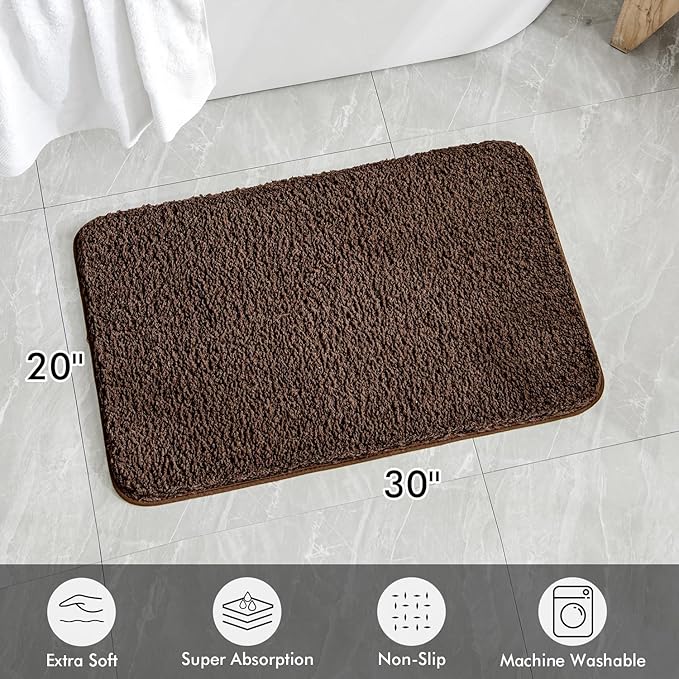 MIULEE Extra Thick Non Slip Bathroom Rug Shaggy Soft Bath Mat Plush Microfiber Absorbent Water for Shower Tub Machine Washable (Brown, 20x30 Inches)
