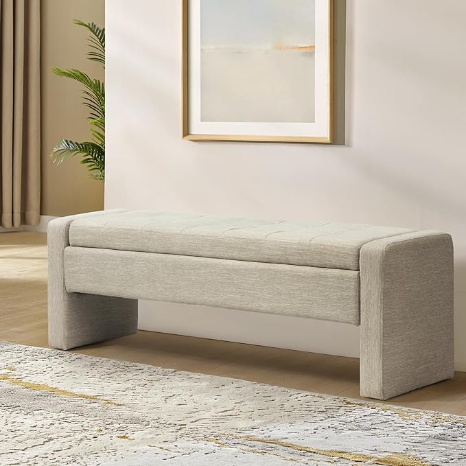 55" Modern Upholstered Storage Bench with Tufted Seat, Fabric Ottoman Bench for Bedroom, Entryway, or Living Room, Soft Close Hinge,Beige
