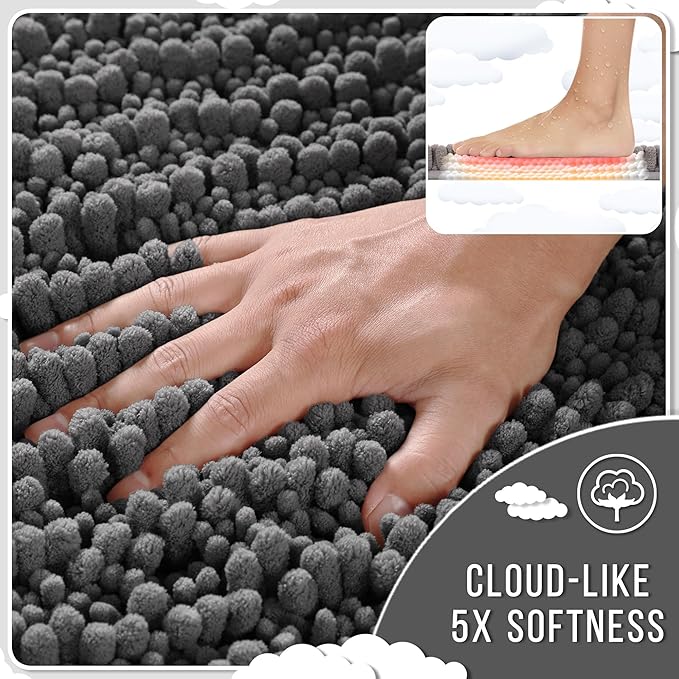 Yimobra Bathroom Rugs Sets 2 Piece - Quick Dry Extra Thick Luxury Chenille Bath Mat, Non Slip Super Absorbent for Tub Shower Sink, Machine Washable Shaggy Floor Mat, 32"x20"+24"x17" Inch, Dark Grey