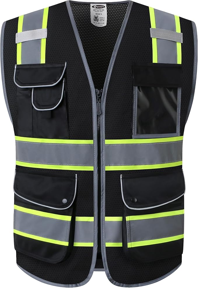 JKSafety 9 Pockets High Visibility Zipper Front MESH Black Safety Vest | Black with Dual Tone High Reflective Strips | ANSI/ISEA Standards (100-Black, L)