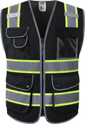 JKSafety 9 Pockets High Visibility Zipper Front MESH Black Safety Vest | Black with Dual Tone High Reflective Strips | ANSI/ISEA Standards (100-Black, XL)