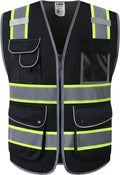 JKSafety 9 Pockets Hi-Vis Black Safety Vest for Men Women High Visibility Reflective Construction Mesh Fabric Cushioned Collar Work Utility PPE Work Gear ANSI/ISEA compliant (100-Black, 3XL)