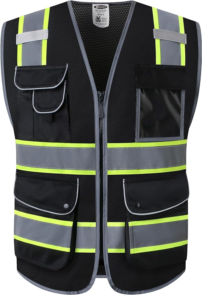 JKSafety 9 Pockets Hi-Vis Black Safety Vest for Men Women High Visibility Reflective Construction Mesh Fabric Cushioned Collar Work Utility PPE Work Gear ANSI/ISEA compliant (100-Black, 3XL)