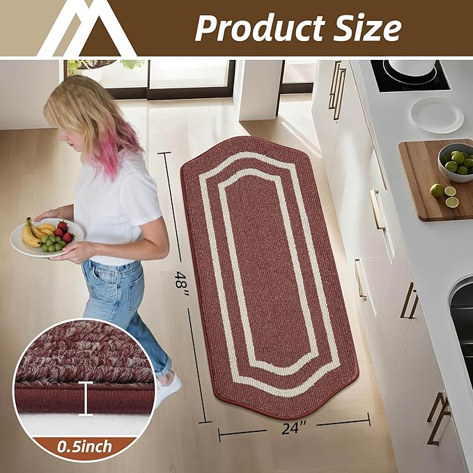 COSY HOMEER Long Kitchen Floor Mats for in Front of Sink Super Absorbent Kitchen Rugs and Mats 24"x48" Non-Skid Kitchen Mat Standing Mat Washable,Polypropylene,Red,Frame