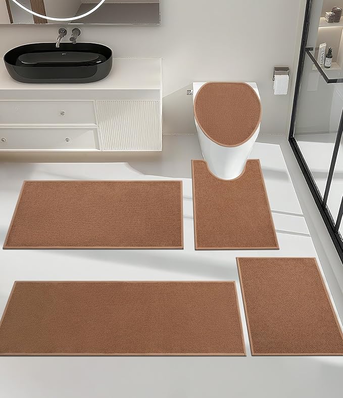 YIHOUSE Bathroom Rugs Mats Sets 5 Pieces, Ultra Thin Bath Mat Absorbent Non Slip Bath Rugs for Bathroom Washable, Shower, Sink, Laundry (Orange, 5 Pieces)