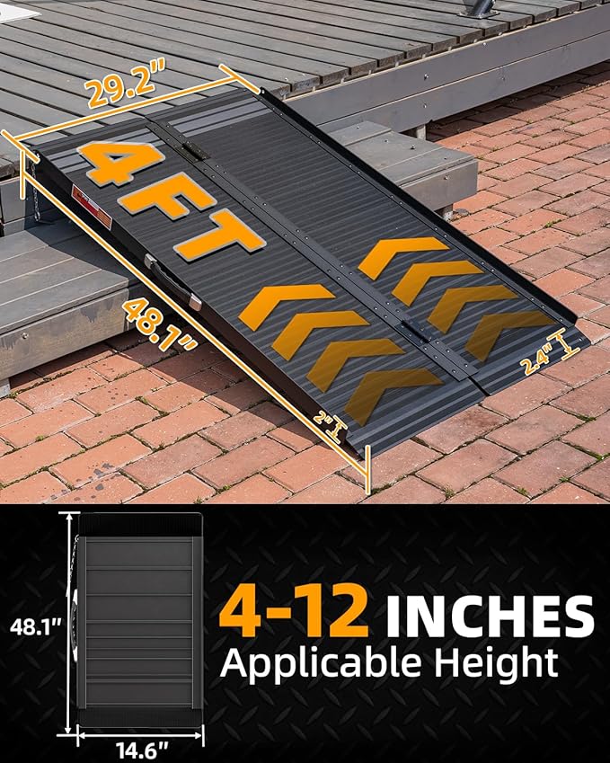VNN Portable Wheelchair Ramp 4FT, Black Seamless Non-Slip Aluminum Ramps for Wheelchairs for Home, Handicap Wheelchair Ramps for Home Steps, Aluminum Loading Dock Plates