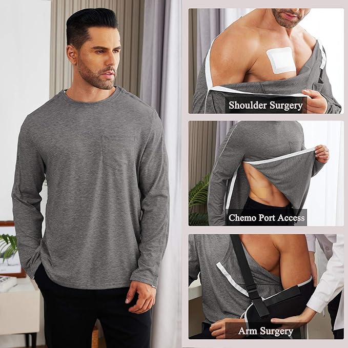Deyeek Men's Post Shoulder Surgery Recovery Shirts Full Tear Away Long Sleeve Snap Chemo Port Access Shirt
