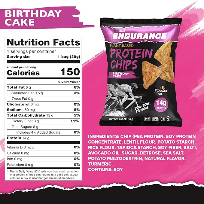 Natural Endurance Protein Chips - Low Carb Chips, High Protein Snack, Vegan Protein with Avocado Oil, 14g Protein Per Bag, Gluten Free, Birthday Cake Flavor - 1.38 oz Bags (Pack of 12)