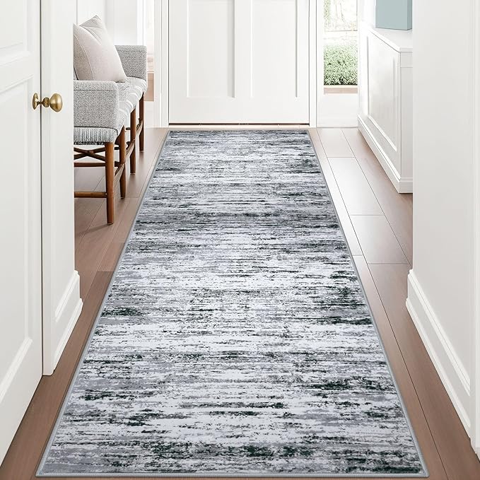 Modern Abstract Runner Rug 3x8, Black Grey White Washable Kitchen Runner Non-Slip Soft Hallway Rug Runner Thin Print Faux Wool Carpet for Entryway Bedroom Laundry Room Indoor Home Office Decor