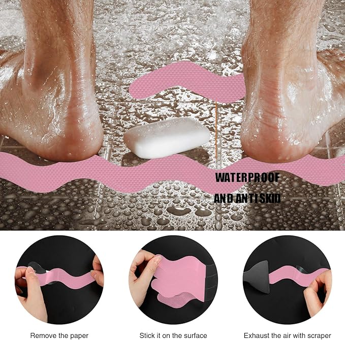 Anti Slip Shower Stickers, Adhesive Decals Safety Strips with Scraper for Bath Tub, Shower Floor, Stairs, 24 Pieces (Pink)