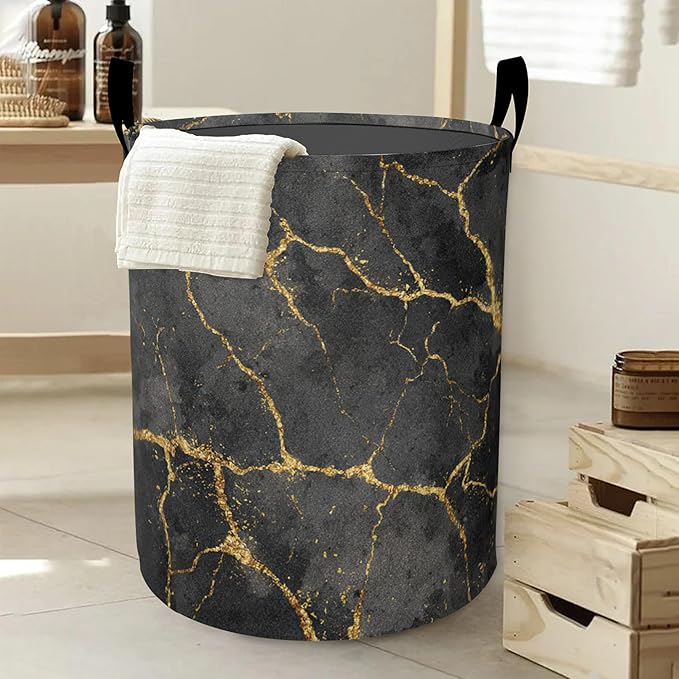 Laundry Basket,Black Gold Marble Large Canvas Fabric Lightweight Storage Hamper Organizer Dirty Clothes Collapsible Waterproof for College Dorms,Bathroom