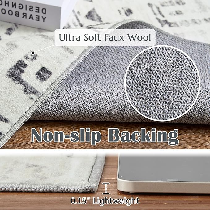 jinchan Boho 5x7 Neutral Area Rugs for Bedroom - Machine Washable Moroccan Soft Throw Rug Bohemian Diamond Design Non-Slip Carpet for Living Room Kitchen Dining Room Nursery (5‘x7', Charcoal)