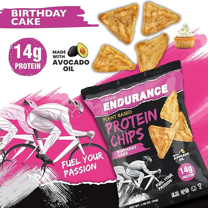 Natural Endurance Protein Chips - Low Carb Chips, High Protein Snack, Vegan Protein with Avocado Oil, 14g Protein Per Bag, Gluten Free, Birthday Cake Flavor - 1.38 oz Bags (Pack of 12)