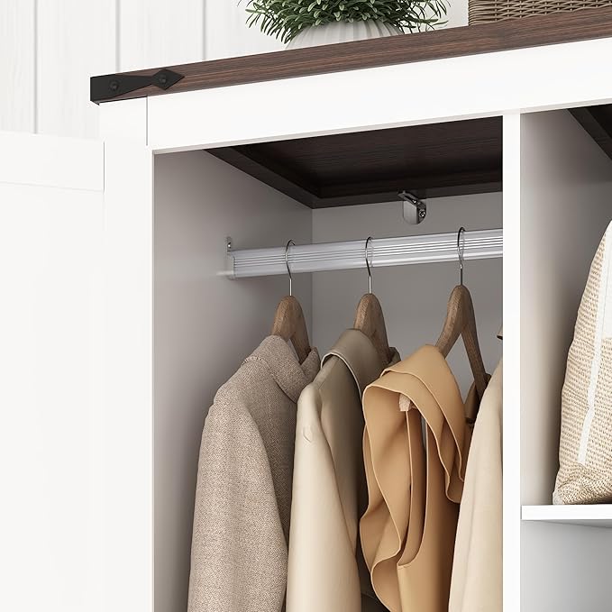 2 Doors Wardrobe Armoire Closet with Doors and Drawers, Farmhouse Wooden Armoire Storage Cabinet with Shelves & Hanging Rod for Bedroom, White