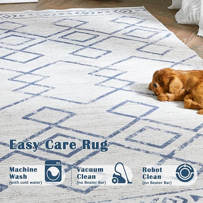 jinchan Moroccan 6x9 Area Rugs for Living Room - Machine Washable Soft Modern Geometric Stain Resistant Ultra-Thin Low-Pile Large Rug Non-Slip Carpet for Bedroom Kitchen Dining Room (6x9ft, Blue)