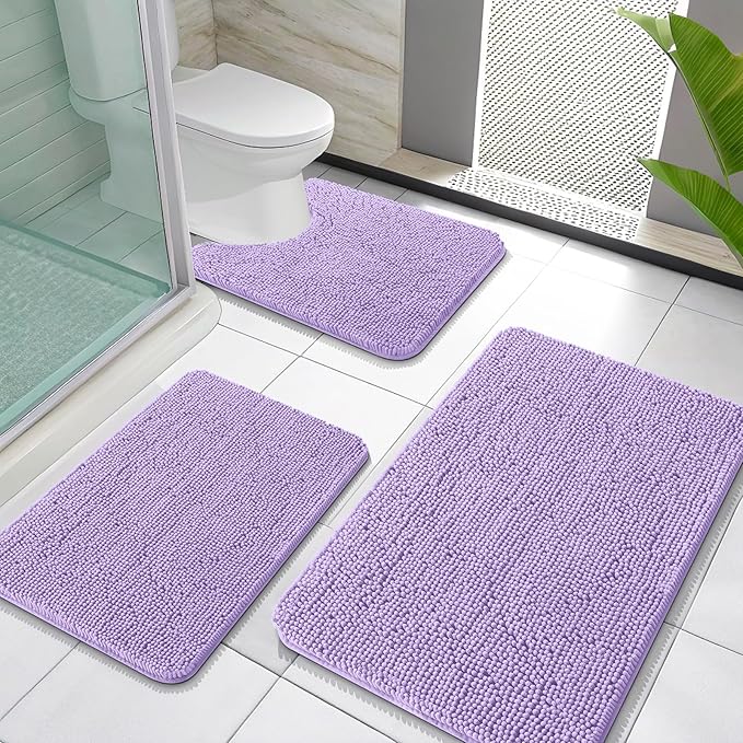 OLANLY Bathroom Rugs Sets 3 Piece, Soft Absorbent Chenille Bath Mats and U-Shaped Contour Toilet Rug, Quick Dry, Home Decor Accessories, Bath Mat Set for Bathroom (30"x20"+24"x16"+24"x20", Lavender)