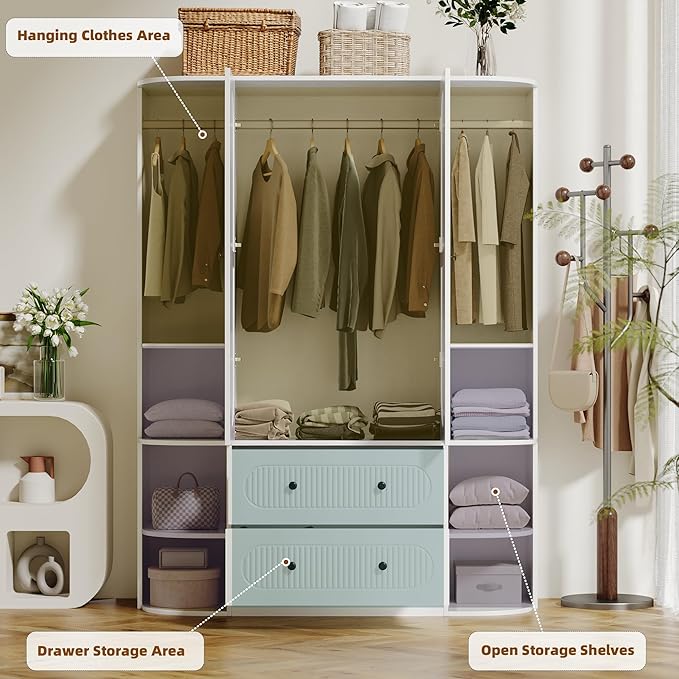 69” Fluted Large Capacity Storage Wardrobe Armoire, Wardrobe Armoire Wooden Closet with 2 Doors, 3 Hanging Rod Shelves, 2 Drawers & 6 Display Shelves, Bedroom Clothing Storage Cabinet White
