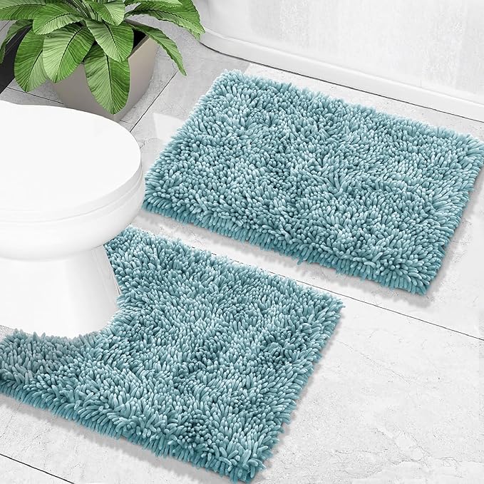 Yimobra Bathroom Rugs Sets 2 Piece, Soft Absorbent Bath Mat and U-Shaped Toilet Rug with Non Slip Backing, Luxury Shaggy Bath Mats for Bathroom, Machine Washable, 24"x17"+24"x20", Grayish Blue