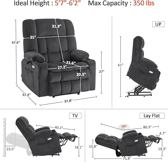 MCombo Oversized Power Lift Recliner Chair for Elderly, Dual Motor Lift Chair with Heat and Massage, Lay Flat Lift Chair for Big and Tall, Cup Holders, Fabric R7891 (Oversize, Dark Gray)