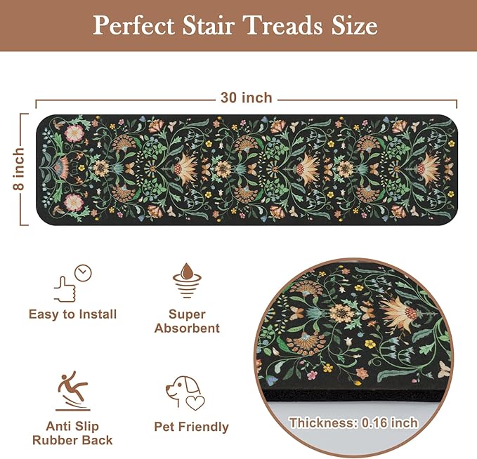 OJIA Floral Stair Treads Non-Slip Stair Runner for Wooden Steps Indoor 15PCS 30"x8" Carpet Stair Treads Stair Mats Staircase Step Treads for Kids, Elders and Dogs, Stair Covers, Black