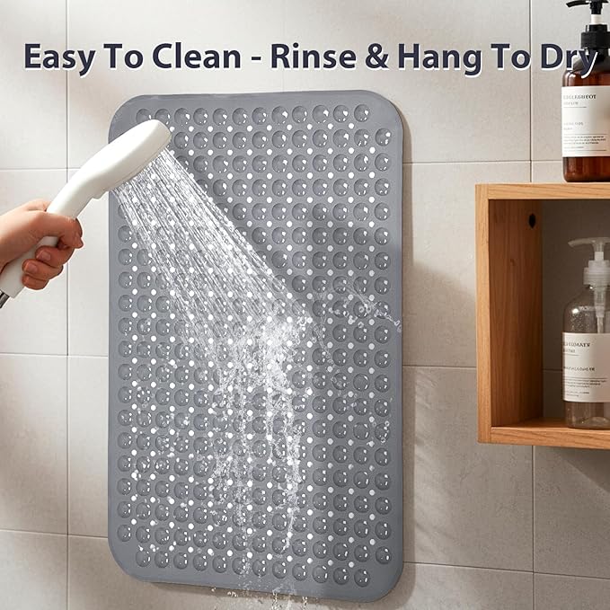 Large Shower Mat 21.5x33.5 Inch Grey, Soft Non Slip Shower Mats for Inside Shower with Big Suction Cups Drain Holes, Extra Large Bath Bathtub Mat Floor Stall Mats, BPA-Free, Easy Clean