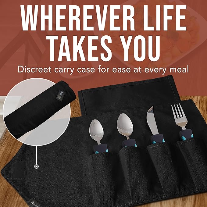 BUNMO Adaptive Utensils for Elderly, Arthritis, Weak Hand Grip, Tremors & Handicapped - Convenient Travel Pouch - 3.35oz Lightweight - Stainless Steel - Eat Independently - Adaptive Blue 4 Piece Set