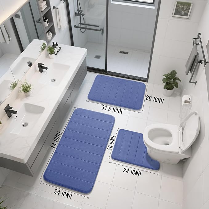 Yimobra 3 Pieces Memory Foam Bath Mat Set with U-Shaped Toilet Rug - Non Slip Super Soft Absorbent Quick Dry Bathroom Rugs for Bathtub, Vanity & Toilet Base, Navy Blue