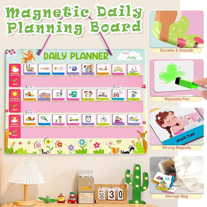 Daily Planner for Kids - Magnetic Behavior Board Calendar with 195 Magnets, Storage Bag, Cord & Pen - Daily Routine and Chore Chart - Visual Schedule for Kids 3+ Year Old (Animal Theme)
