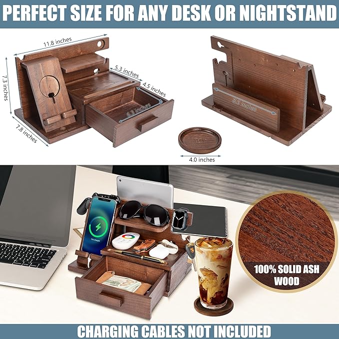 Wood Phone Docking Station with Drawer, Compatible with Apple Watch - Wood Charging Station Organizer Stand, Bedside Nightstand Organizer for Men, Holds Phone, Tablet, Keys, Glasses, EDC