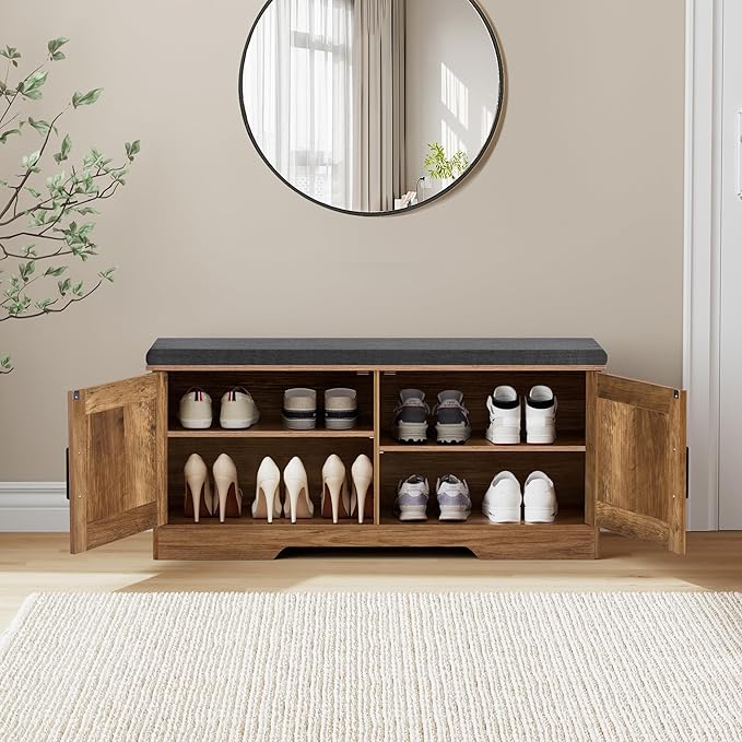 2-Tier Storage Bench, 39.4" Wide Shoe Bench with Padded Seat Cushion, Entryway Bench with 2 Barn Doors and Adjustable Shelf, Rustic Walnut