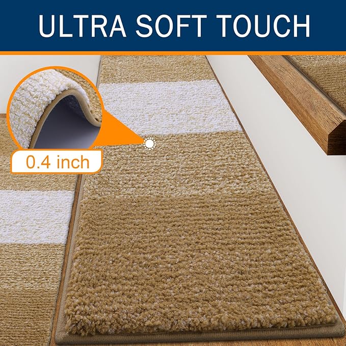 OLANLY Stair Treads Non Slip 15PCS, 8" x 30" Indoor Stair Runners for Wooden Steps, Edging Stair Rugs with Reusable Peel and Stick Adhesive for Kids Elders and Pets, Camel