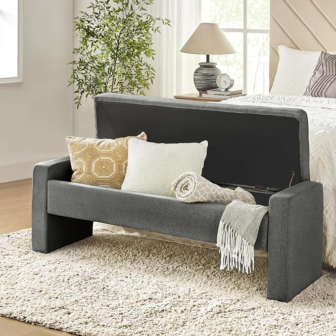 55" Modern Upholstered Storage Bench with Tufted Seat, Fabric Ottoman Bench for Bedroom, Entryway, or Living Room, Soft Close Hinge,Charcoal