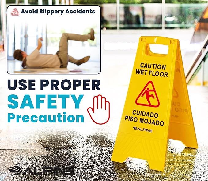 Alpine Caution Wet Floor Signs 5 Pack - 24 Inch, High Visibility Yellow Slippery When Wet Sign - Bilingual Safety Warning Sign to Easily Avoid Slippery Accidents in High Traffic Areas