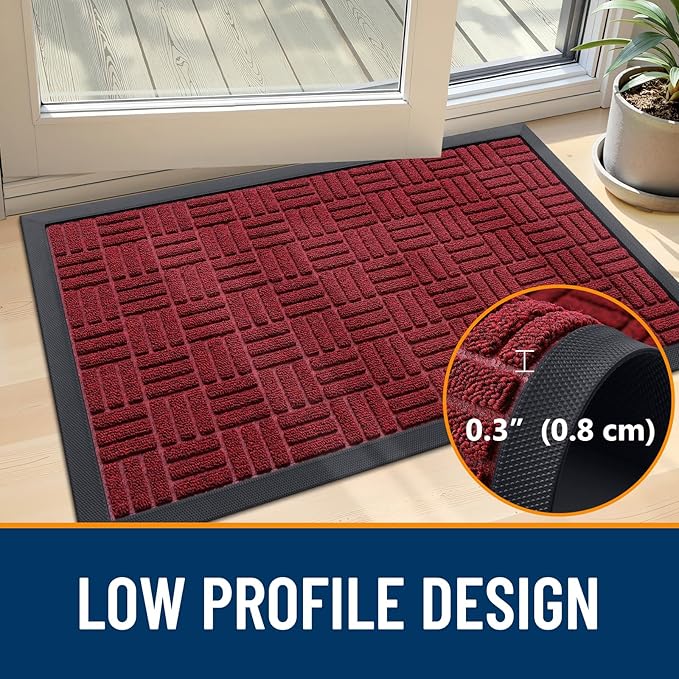 OLANLY Front Door Mat Outside Entrance 47x23, Absorbent, Heavy Duty Sturdy Natural Rubber Doormat Indoor Outdoor, Non-Slip, Stain and Fade Resistant, Low Profile Floor Mat for Entryway, Black Red