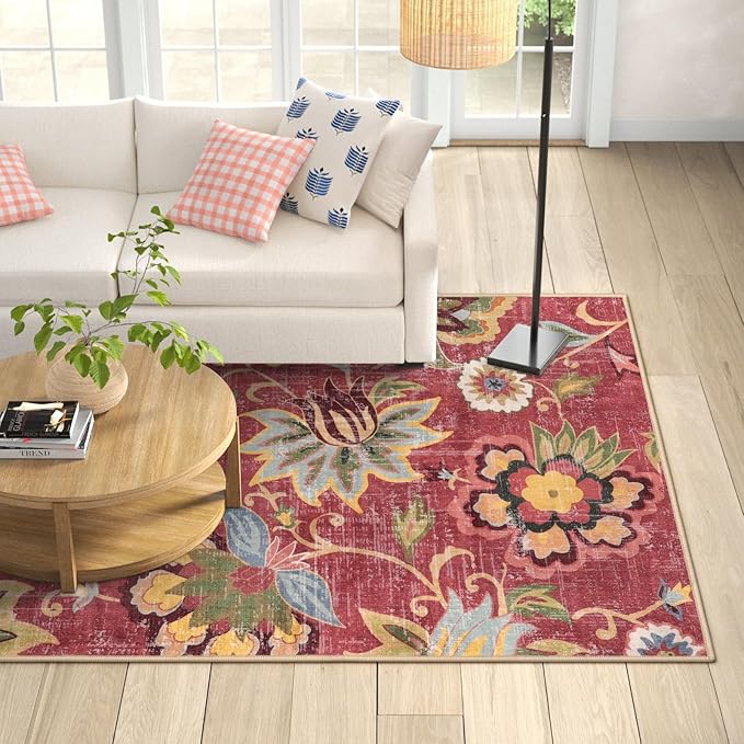 Beeiva Floral 4x6 Rug for Bedroom, Vintage Machine Washable Area Rugs, Ultra Thin Living Room Carpet Lightweight Red Paisley Print Carpet for Bedroom Entryway Bathroom Office Christmas