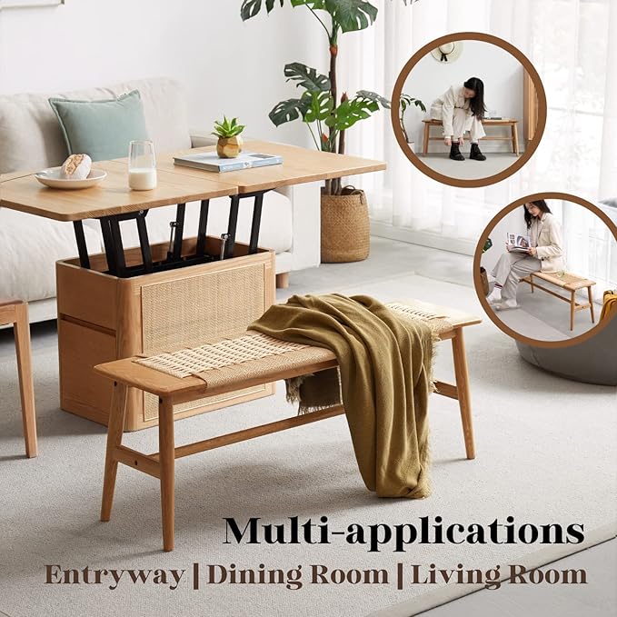32" L 100% FAS Oak Wooden Bench Indoor - Solid Wood Rope Woven Entryway Bench, Dining Bench, Boho Furniture for Entryway, Dining Room, Bedroom, Kitchen (Creamy White)