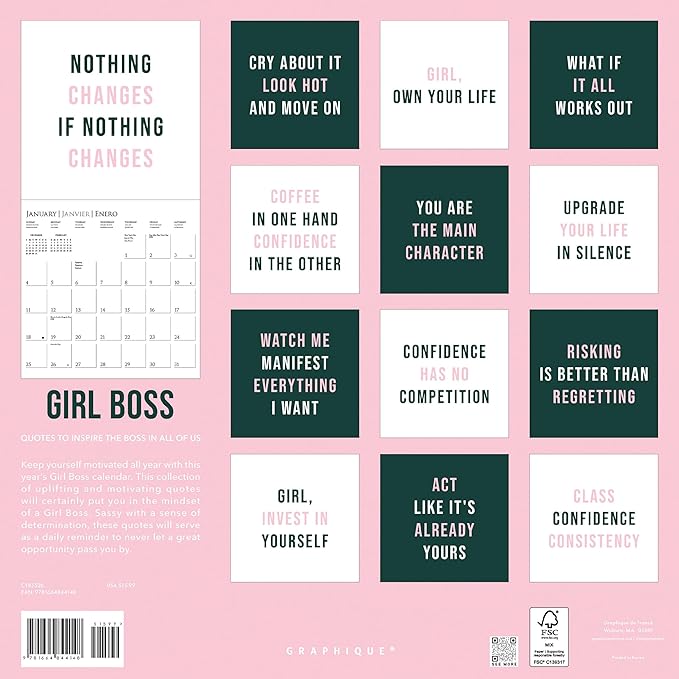 Graphique 2026 Girl Boss Wall Calendar | 12” x 12” | Thick Paper | Home & Office Organizer | Large Monthly Grid | 3 Languages & Marked Holidays | 4 Month Preview Page for 2027