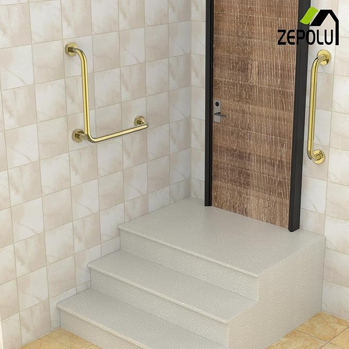 Polished Gold L-Shaped Grab Bar 16x16 Inch + Knurled Shower Grab Rail 20 Inch, Zepolu Stainless Steel Angled Toilet Safety Bar, Bathroom Mobility Aid Handrail, Balance Support Assist Bar for Senior