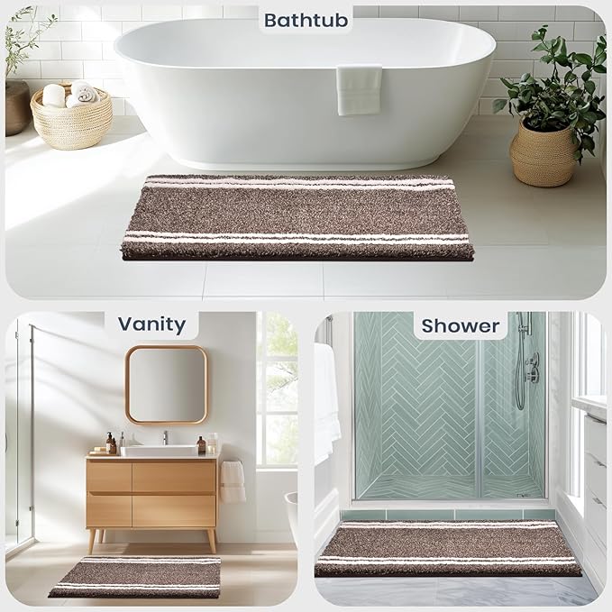 PURRUGS Bathroom Rug Non-Slip Machine Washable 20" x 30", Super Absorbent and Quick Dry Shaggy Microfiber Bath Mat, Extra Soft and Plush Bath Rug for Bathtub, Shower and Sink, Brown