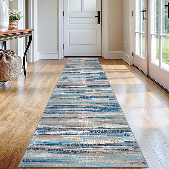 Modern Abstract Runner Rug 2x12, Blue Washable Long Kitchen Runner Non-Slip Soft Hallway Rug Runner Thin Print Faux Wool Carpet for Entryway Bedroom Laundry Room Indoor Home Decor