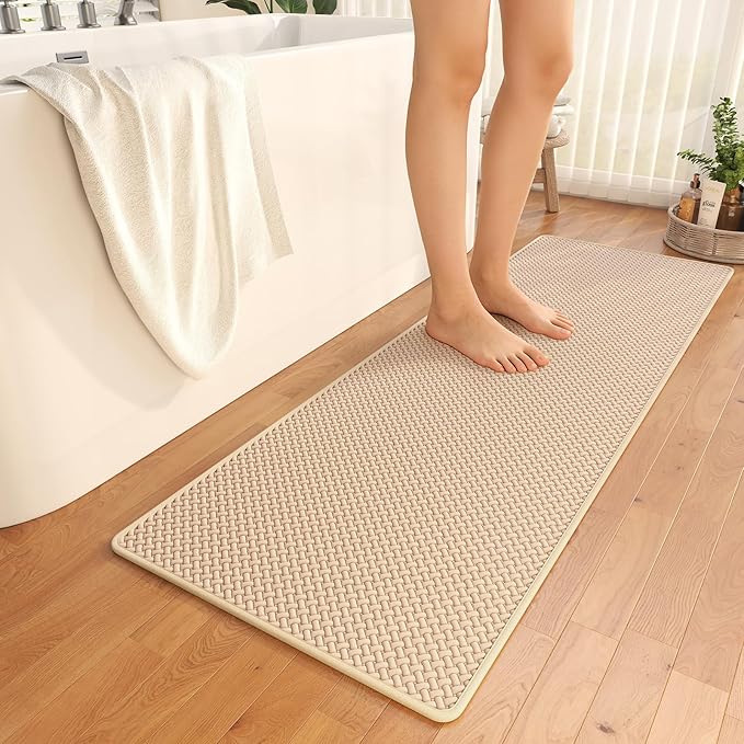 Bathroom Runner Non Slip, Extra Soft Absorbent Quick Dry Bath Mats, Foam Weave Texture Thin Bath Rugs Washable with Rubber Backing, 24" x 70“
