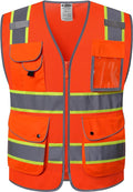 JKSafety 9 Pockets Hi-Vis Reflective Safety Vest | Mesh Fabric | Fluorescent Orange Color with Neon Yellow Extended Trims | ANSI/ISEA Compliance (100-Orange, L)