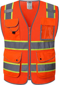 JKSafety 9 Pockets Hi-Vis Reflective Safety Vest | Mesh Fabric | Fluorescent Orange Color with Neon Yellow Extended Trims | ANSI/ISEA Compliance (100-Orange, 3XL)