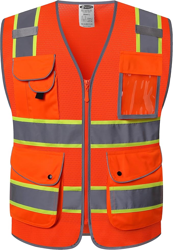 JKSafety 9 Pockets Hi-Vis Reflective Safety Vest | Mesh Fabric | Fluorescent Orange Color with Neon Yellow Extended Trims | ANSI/ISEA Compliance (100-Orange, 5XL)